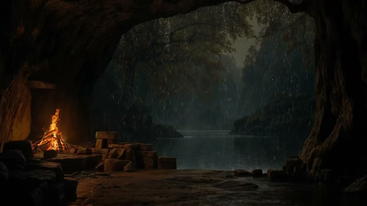 😴🌧️ Cave Rain & Campfire Ambience | Fall Asleep Fast, Deep Sleep & Stress Relief