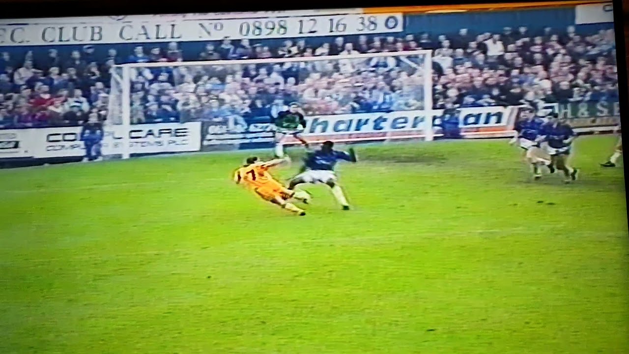 Tony Cullen goal for Swansea City  at Stockport October 1992. yellow action away kit.
