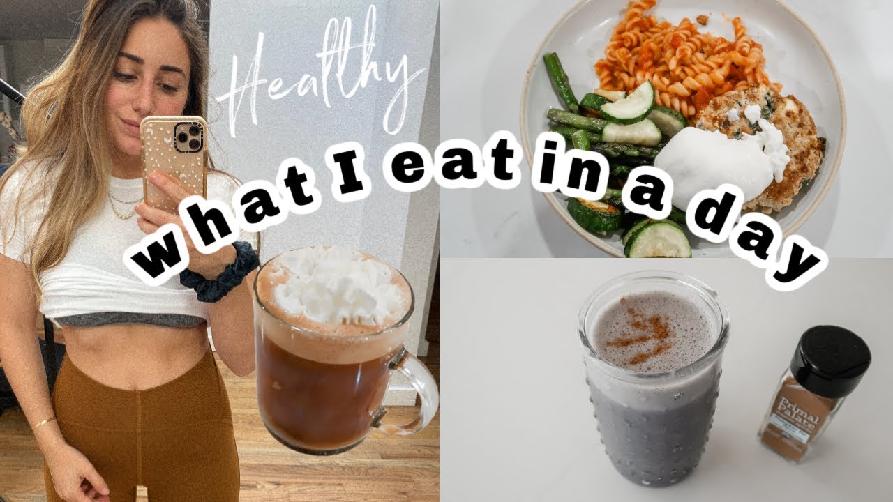 HEALTHY WHAT I EAT IN A DAY/ Hot chocolate, Spinach feta turkey burgers, blueberry muffin smoothie