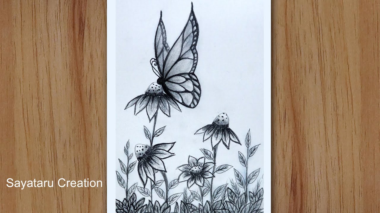 How to Draw a Butterfly on Flower step by step, Pencil Drawing for Beginners
