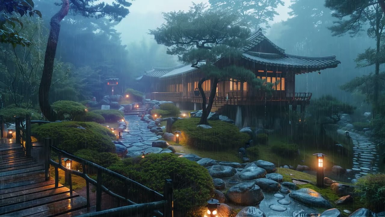 조용한 산속 운치 있는 한옥에서 느껴지는 시원한 빗소리