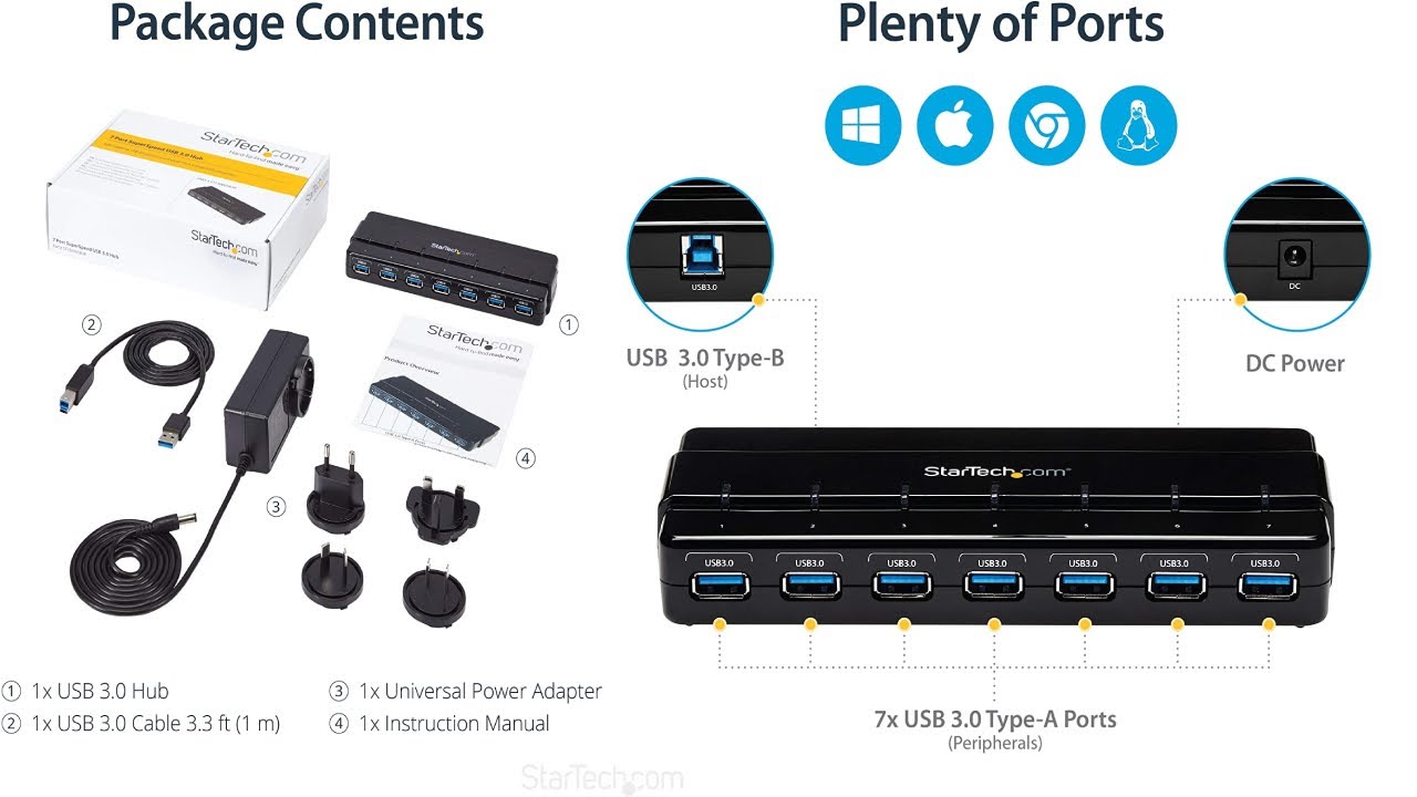 StarTech.com 7 Port USB 3.0 Hub &ndash; Up To 5 Gbps &ndash; 7 x USB &ndash; Universal Multi-Port USB Extender for PC