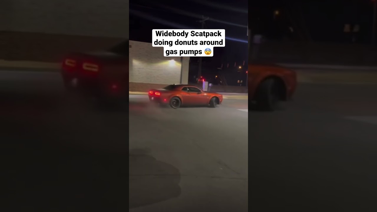 Widebody Scatpack doing donuts around gas pumps😳 #explore #srt #shorts #challenger #scatpack #fyp