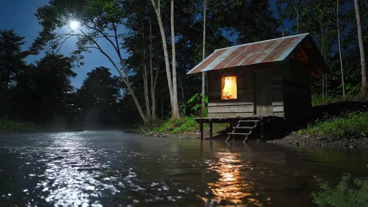 Fall Asleep Fast 🌙 Night River & Piano in Forest Cabin  Relaxing Nature Sounds for Deep Sleep