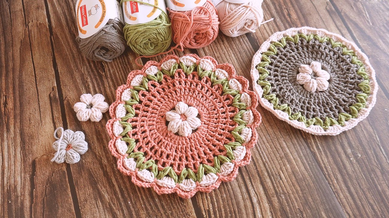 [코바늘] 변형 퍼프 플라워 도일리 매트 l Puff Flower Doily mat