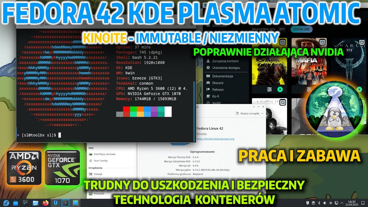 Fedora 42 KDE PLASMA ATOMIC - KINOITE -Naprawili Nvidia :) Świetny bezpieczny Linux REAL HARDWARE