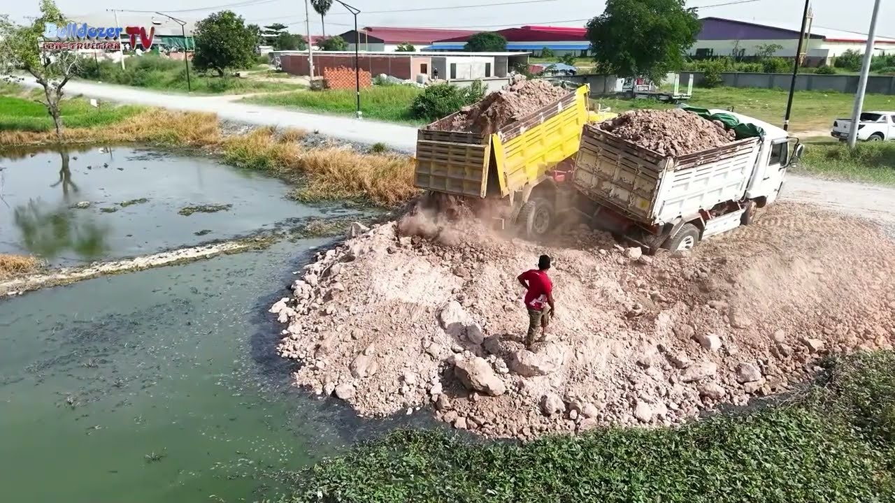 Amazing New Site Start Landfill Process By Heavy Bulldozer Push Soils With Team Trucks Dumping