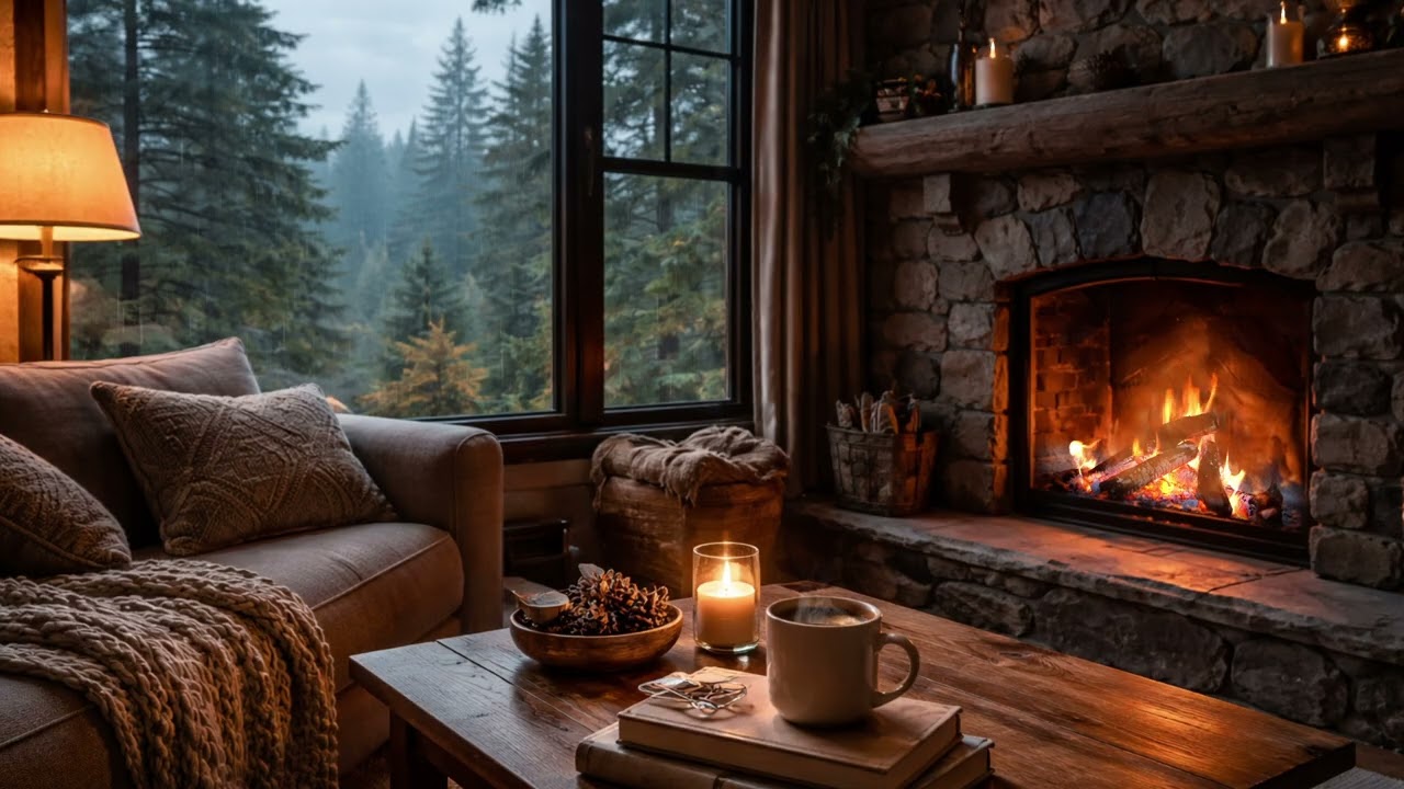Cozy Living Room 🔥 Fireplace Crackling & Rain Sounds for Ambience