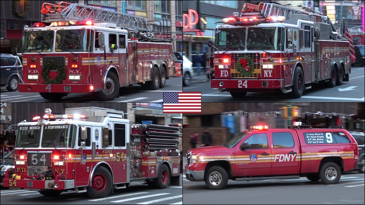Alert in Times Square - FDNY Fire Trucks responding with siren and lights