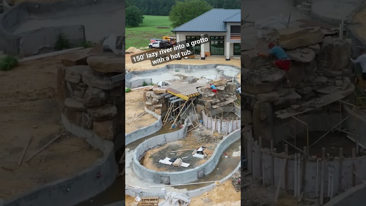 150&rsquo; lazy river into a grotto with a hot tub #lazyriver #construction #pooldesign #pool #poolbuilder