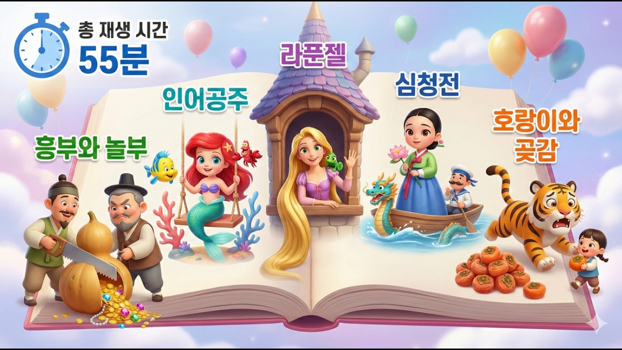 [🌙 잠자리 동화 55분 연속 듣기 | 흥부와 놀부, 인어공주, 라푼젤, 심청전, 호랑이와 곶감] + [꿈꾸는 책방]
