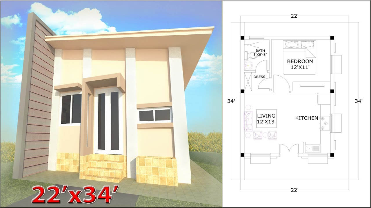 House Plan 22'x34' Single bedroom Full Plan in google Sketchup