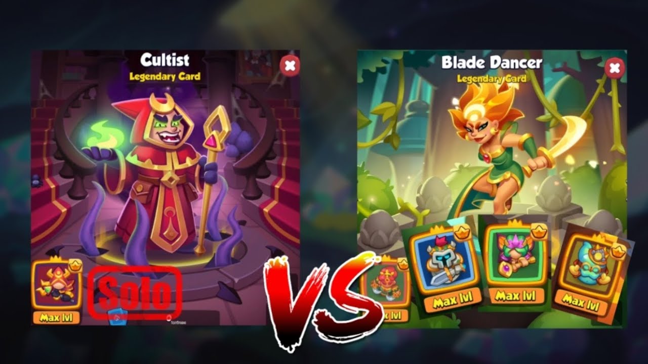 Rush Royale: Max Cultist (2344%) vs Max Blade Dancer (2838%) + Maxed KS, Dryad and Scrapper.