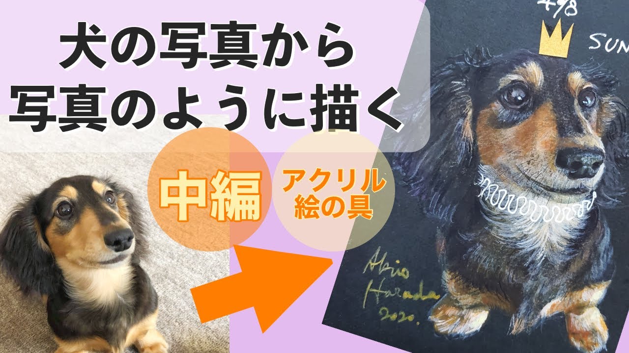 【中編】犬の写真から写真のように描く「ミニュチュアダックスフンド」アクリル絵の具
