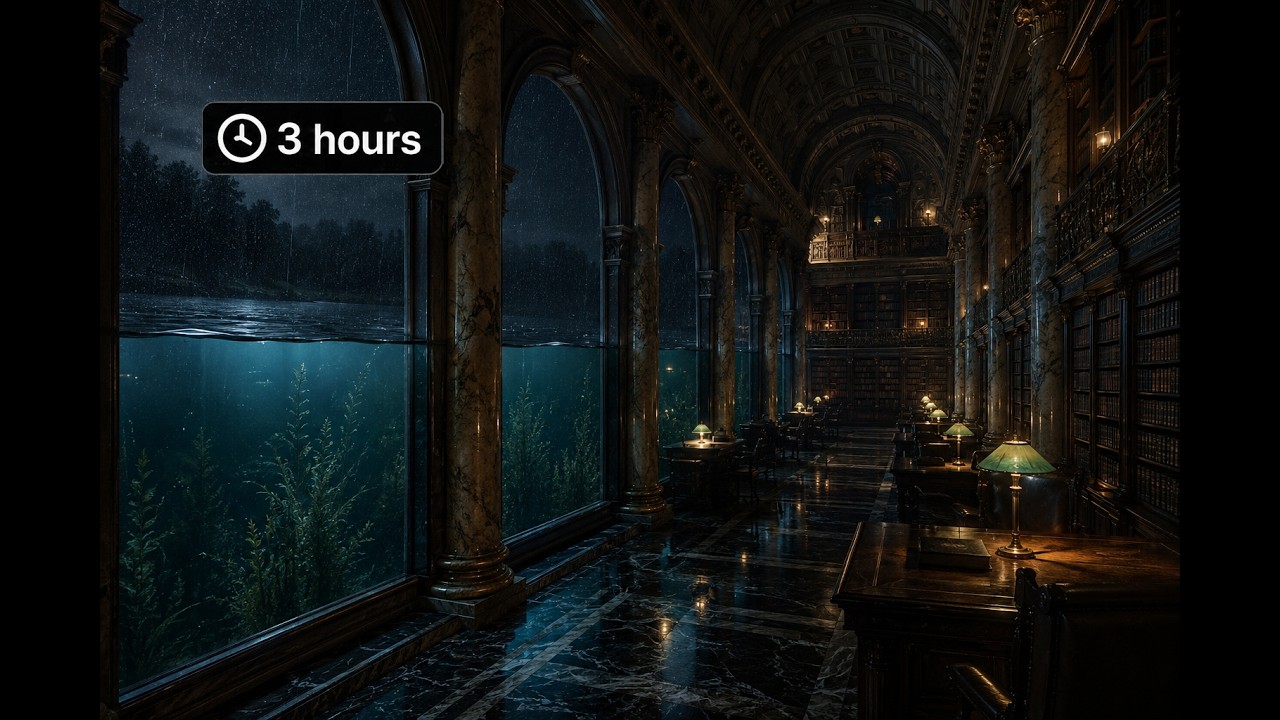 3 Hours in a Submerged Grand Library 📚 Underwater Lake Ambience for Sleep, Study & Relaxation