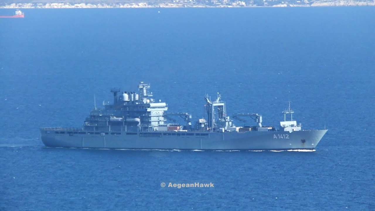 German Navy Berlin class A1412 FGS Frankfurt am Main under NATO patrolling Chios Strait.
