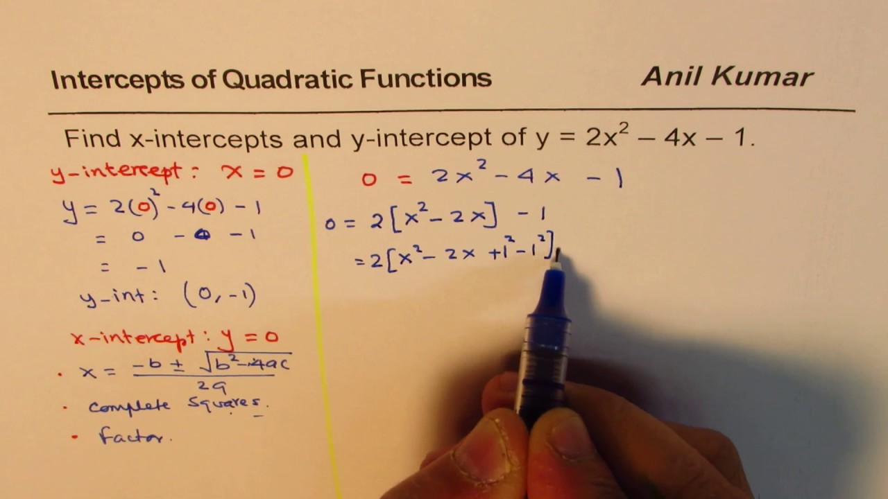 Find x and y intercept of Quadratic equation in standard form