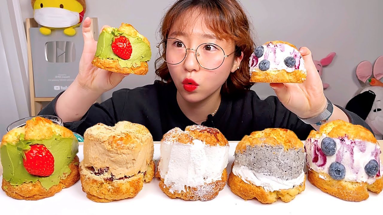 썸띵어바웃 생크림스콘 흑임자 말차 인절미 팥 블루베리 우유 생크림 스콘 디저트 먹방 Dessert Mukbang