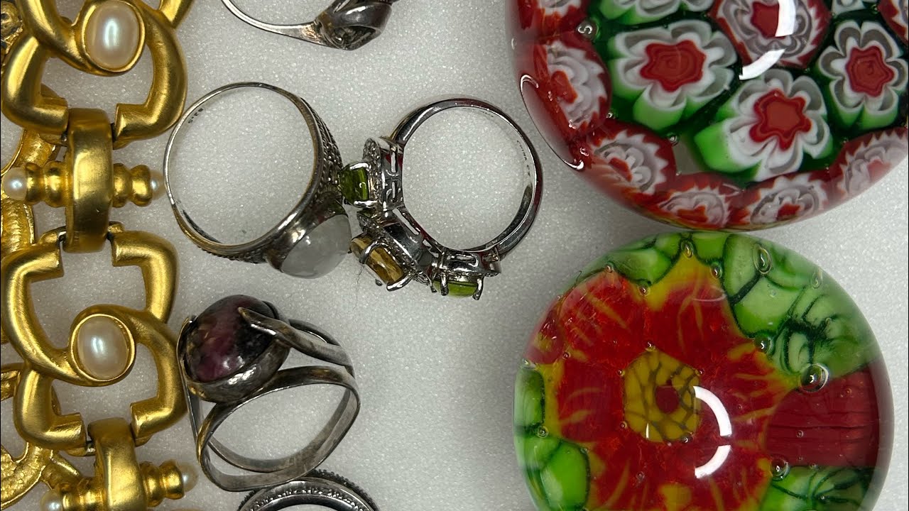 TOOK HOME GLASS PAPER WEIGHTS AND MORE JEWELRY #jewelrycleansing #resellerlife #antiquestorefinds 