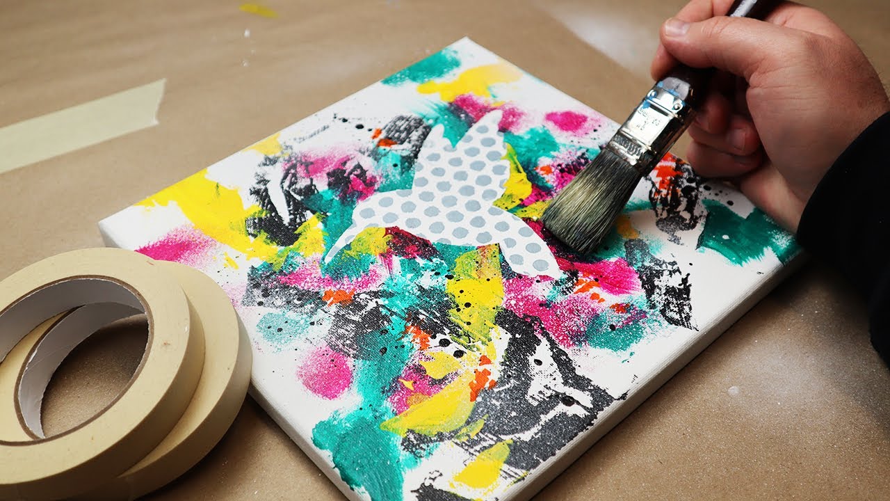 Masking Tape Acrylic Painting / Hummingbird Silhouette Stencil / Easy DIY Painting / 123