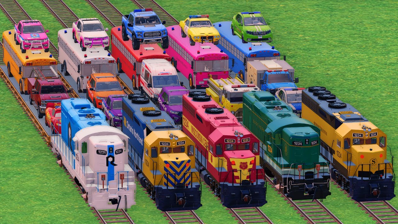 GO! POLICE CARS, AMBULANCE, FIRE TRUCK, COLORFUL CARS WITH TRUCK & TRAIN FARMING SIMULATOR 22! #31