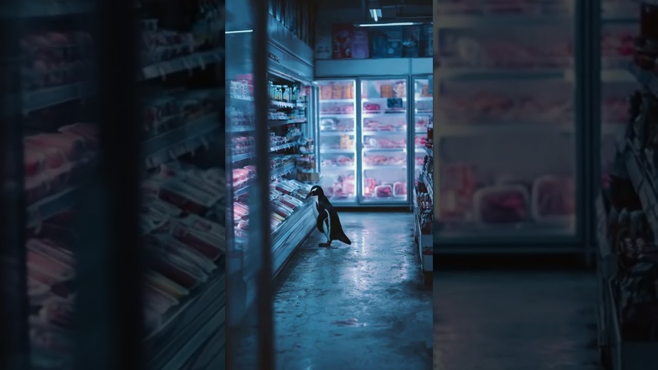 penguin in an industrial sized freezer. filled with different frozen foods and meats.