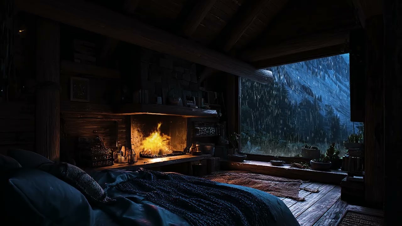 Isolated High Mountain Cabin 🌧️ Heavy Rain & Fireplace for Calm Sleep All Night