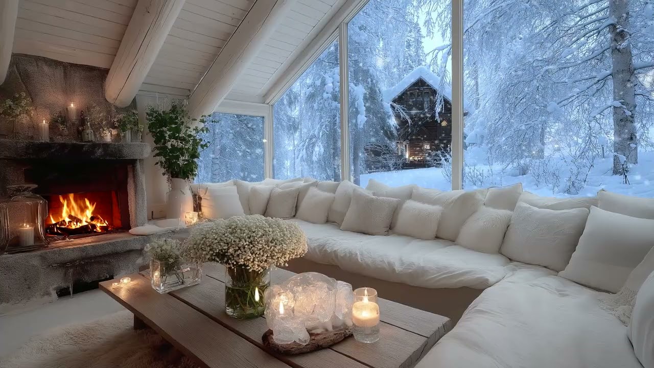 🌙🎹 Romantic Piano Under Falling Snow | Cozy White Lounge Fireplace | 5 Hours Gentle Study Focus