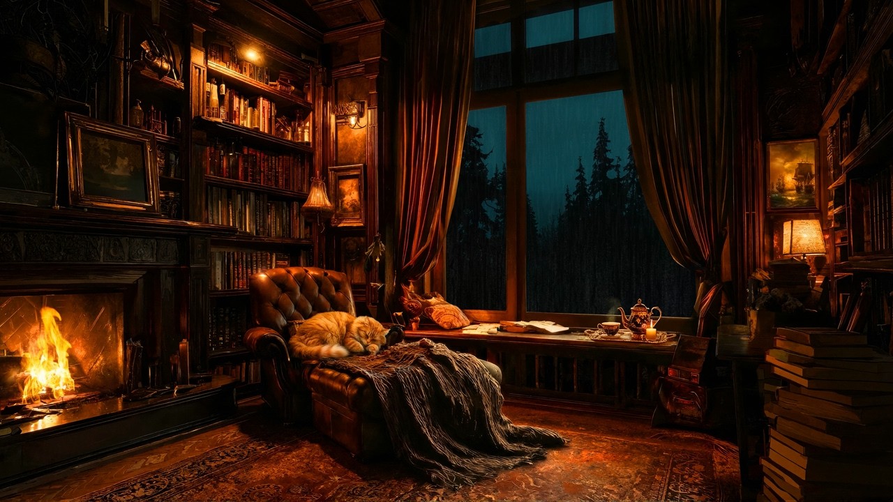 Books & Sleeping Cat by the Fire | Cozy Reading Nook Ambience for Relaxation and Sleep | 8 Hours