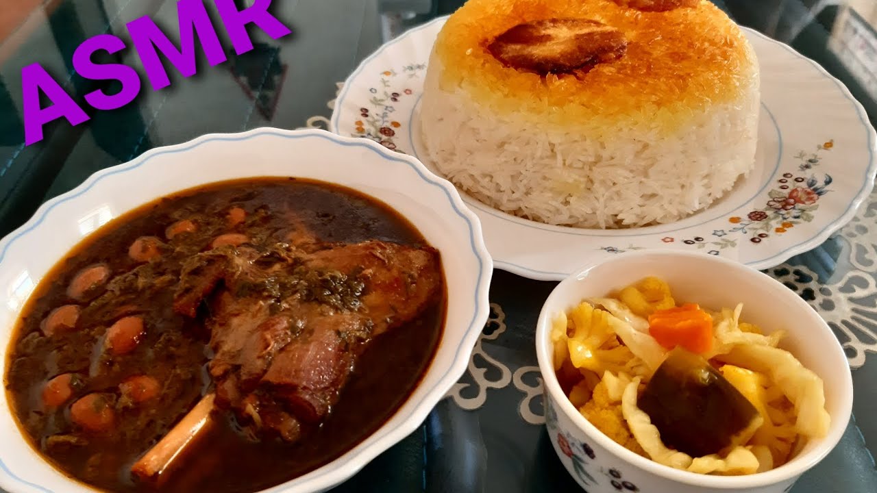 asmr mukbang Ghormeh Sabzi with pickles (Persian stew)