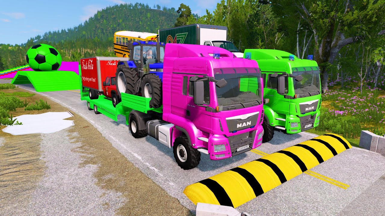 Double Flatbed Trailer Truck vs Speedbumps Train vs Cars Beamng.Drive#118