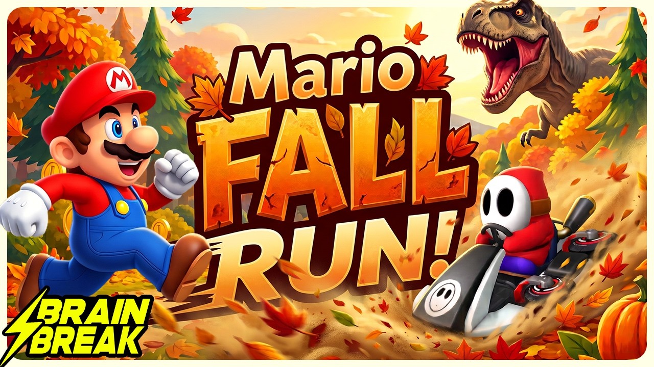 Mario Fall Run ⚡️ Brain Break ⚡️ Escape the T-Rex & Get the Golden Apples