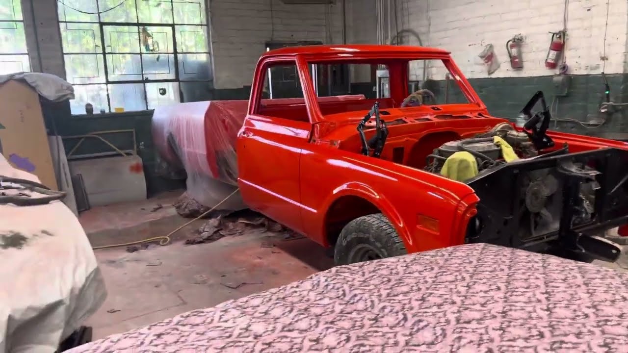 1969 Chevrolet C/10 paint job (Hugger Orange) almost complete.
