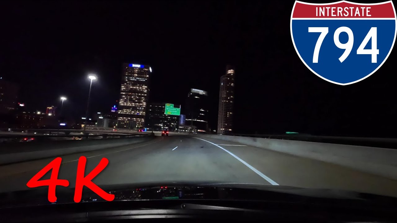⁴ᴷ Lake Freeway (Interstate 794) westbound (Night) [4K VIDEO]