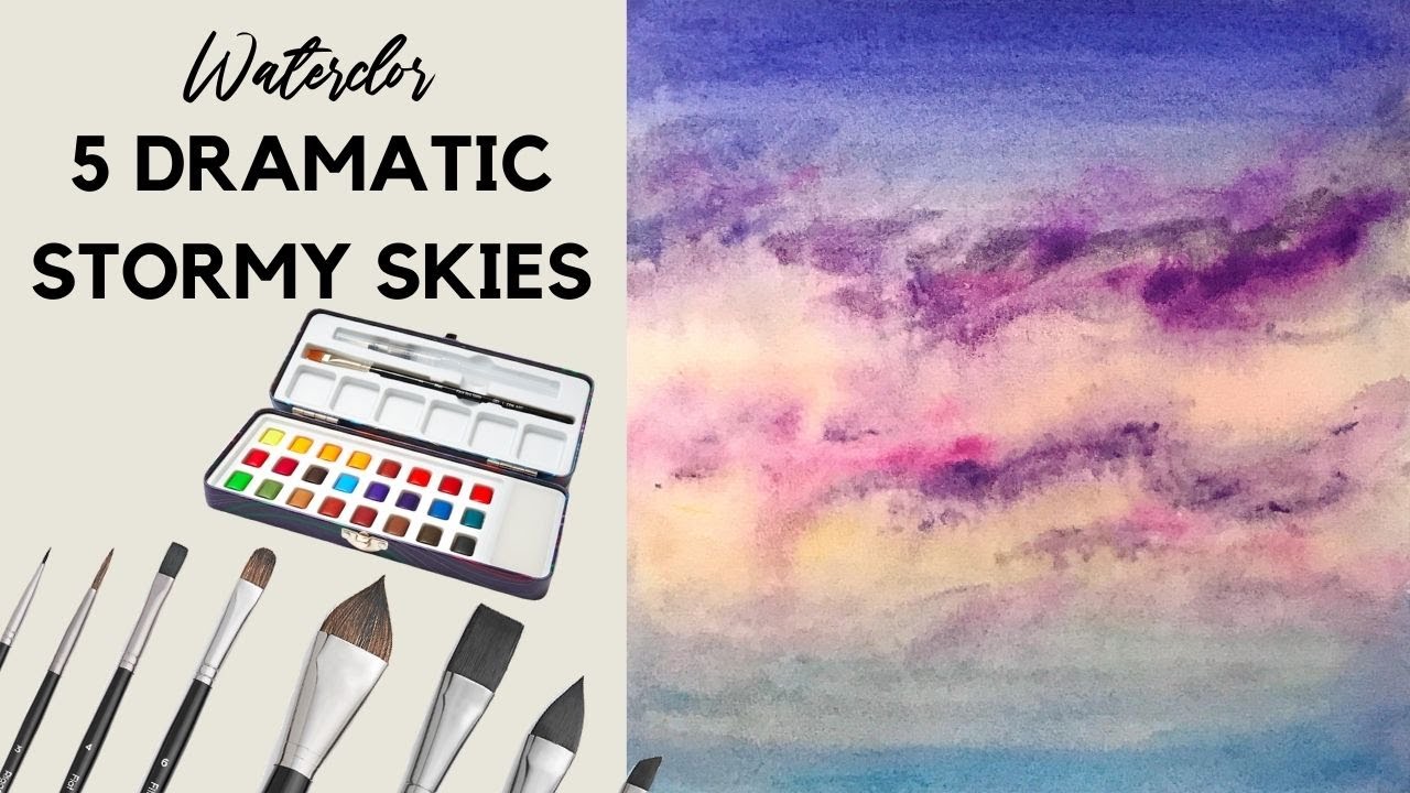 HOW TO PAINT WATERCOLOR STORMY SKY | 5 Dramatic Skies with with Clouds in Watercolor For Beginners