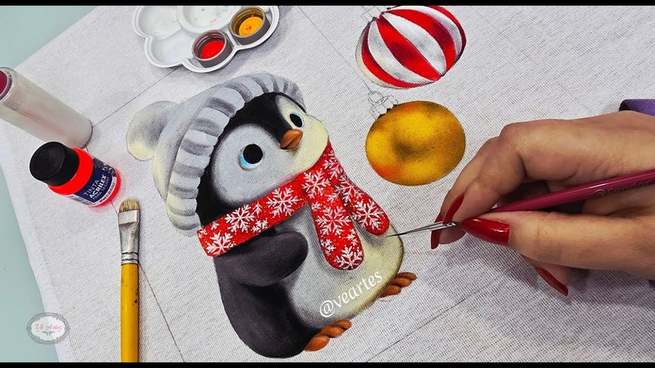 NATAL EM CORES - APRENDA A PINTAR UM FOFO PINGUIM DE NATAL - AULA 3 - PINTURA EM TECIDO