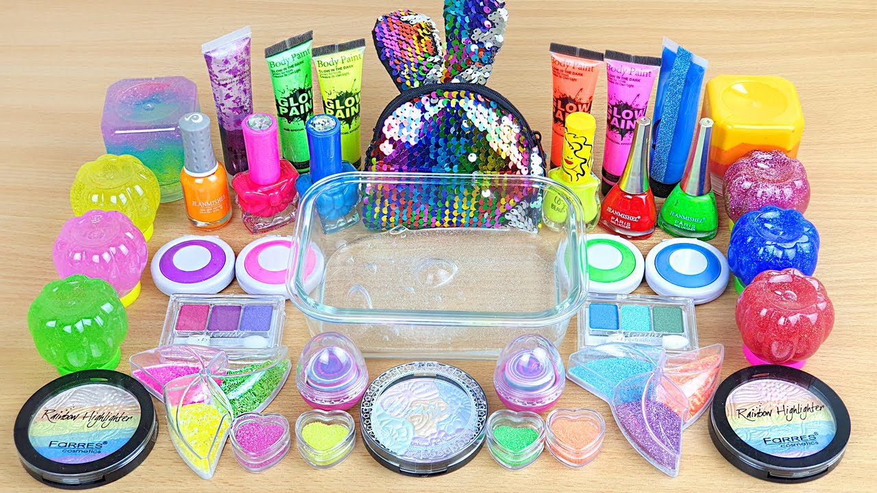RAINBOW SLIME Mixing makeup and glitter into Clear Slime Satisfying Slime Videos