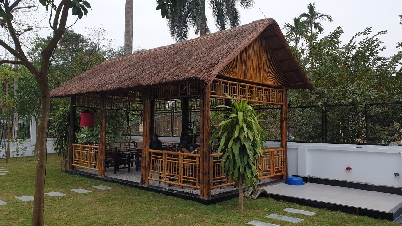 nh&agrave; tre hai m&aacute;i truyền th&ocirc;ng đẹp,ch&ograve;i tre tứ trụ lợp l&aacute; cọ cỏ tranh,thợ thi c&ocirc;ng nh&agrave; tre