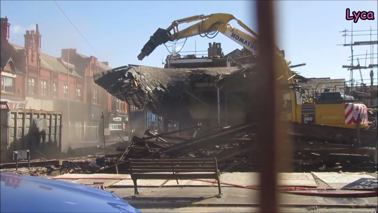 Hartes demolition part 9  Big chunk of dangling roof comes down