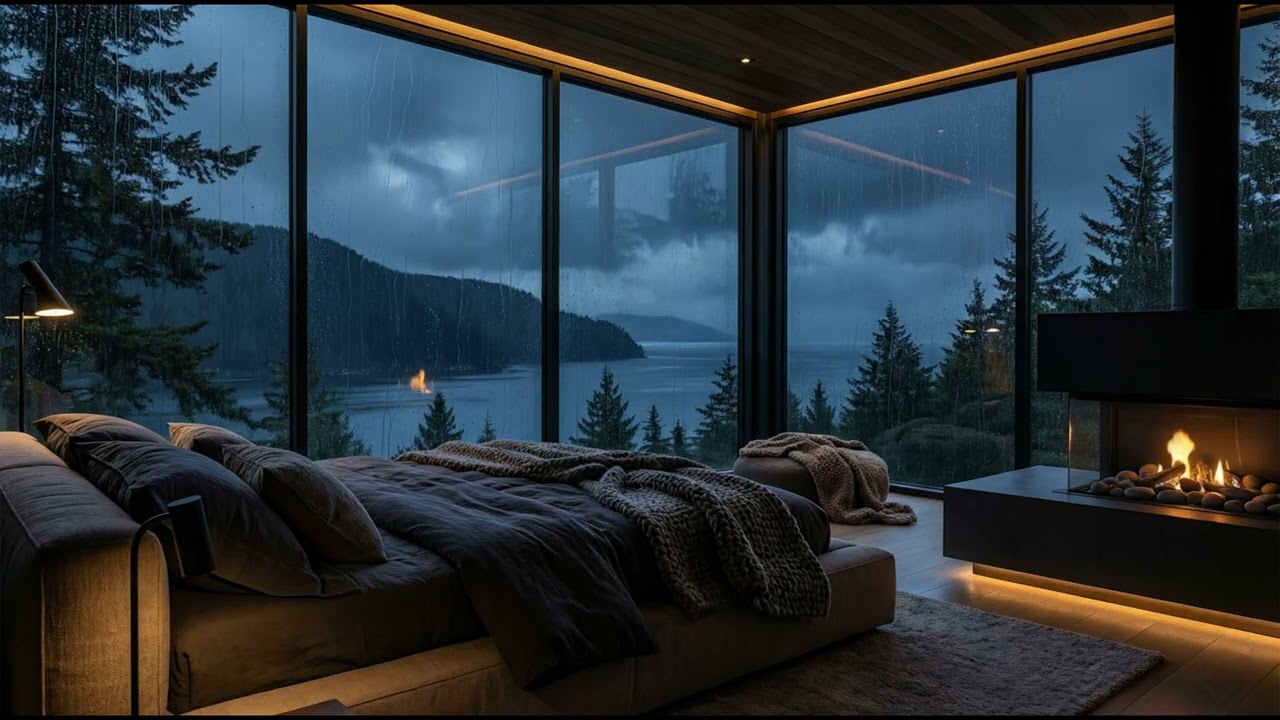 Rain Sounds in a Dark Luxury Glass Cabin by the Sea (No Ads) | Deep Sleep | 10 Hours