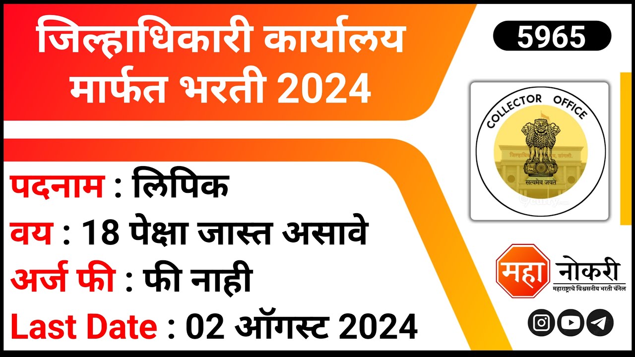 Collector Office Recruitment 2024 | Jilhadhikari Karyalay Bharti 2024 | Clerk Jobs | Maha Naukri