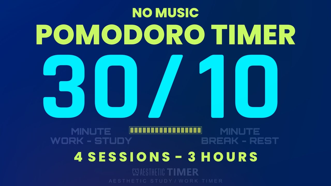 30 / 10 Pomodoro Timer, No Music, 2 Hour Study, Minimalist Design for Focused Study