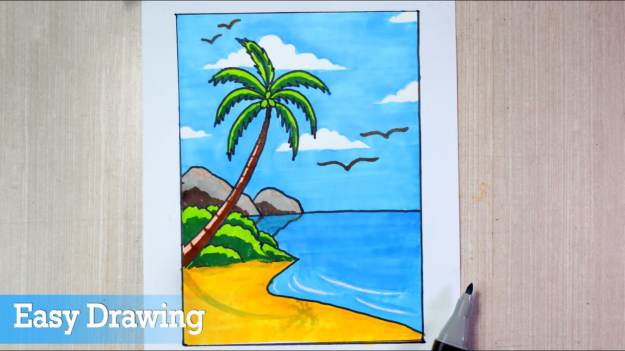 🏝️ Easy Sea Beach Drawing Tutorial 🏖️| Step-by-Step Sea Beach Drawing with Colors 🌊
