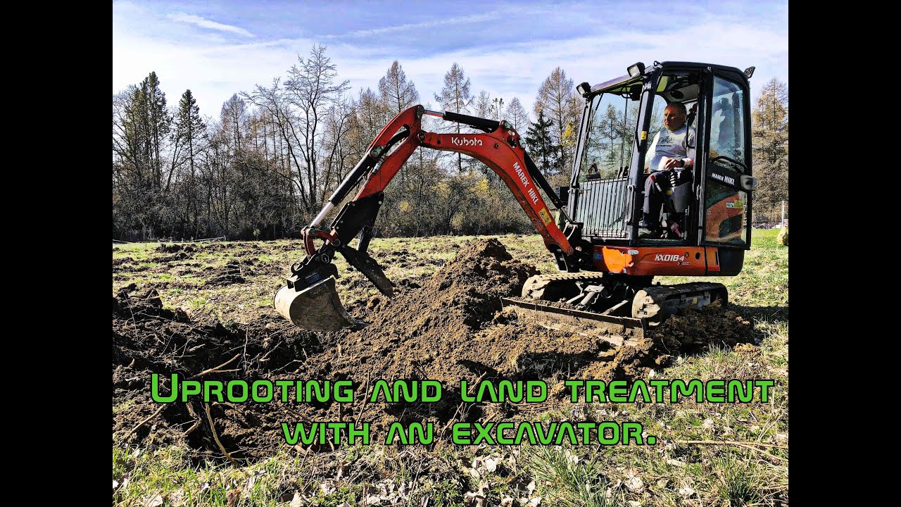 Uprooting and land treatment with an excavator. Klčovanie a úprava pozemku bagrom.