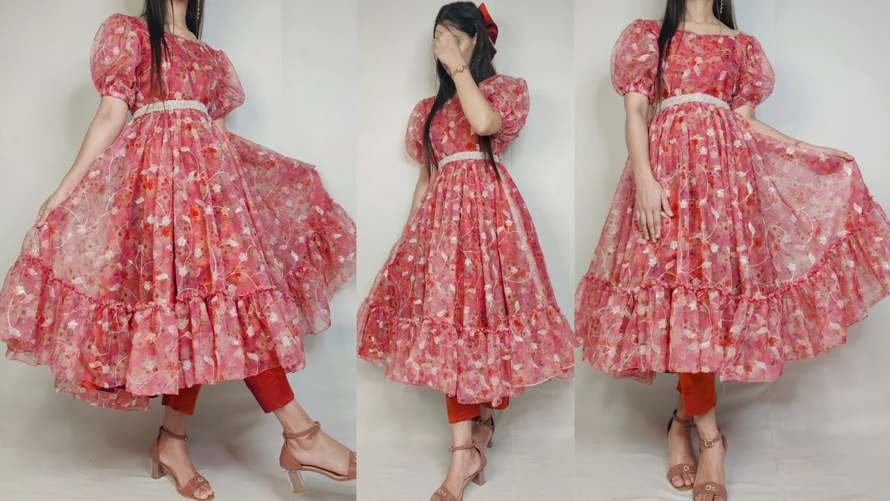 Organza frill frock cutting and stitching/organza dress cutting and stitching/DIY rill frock design