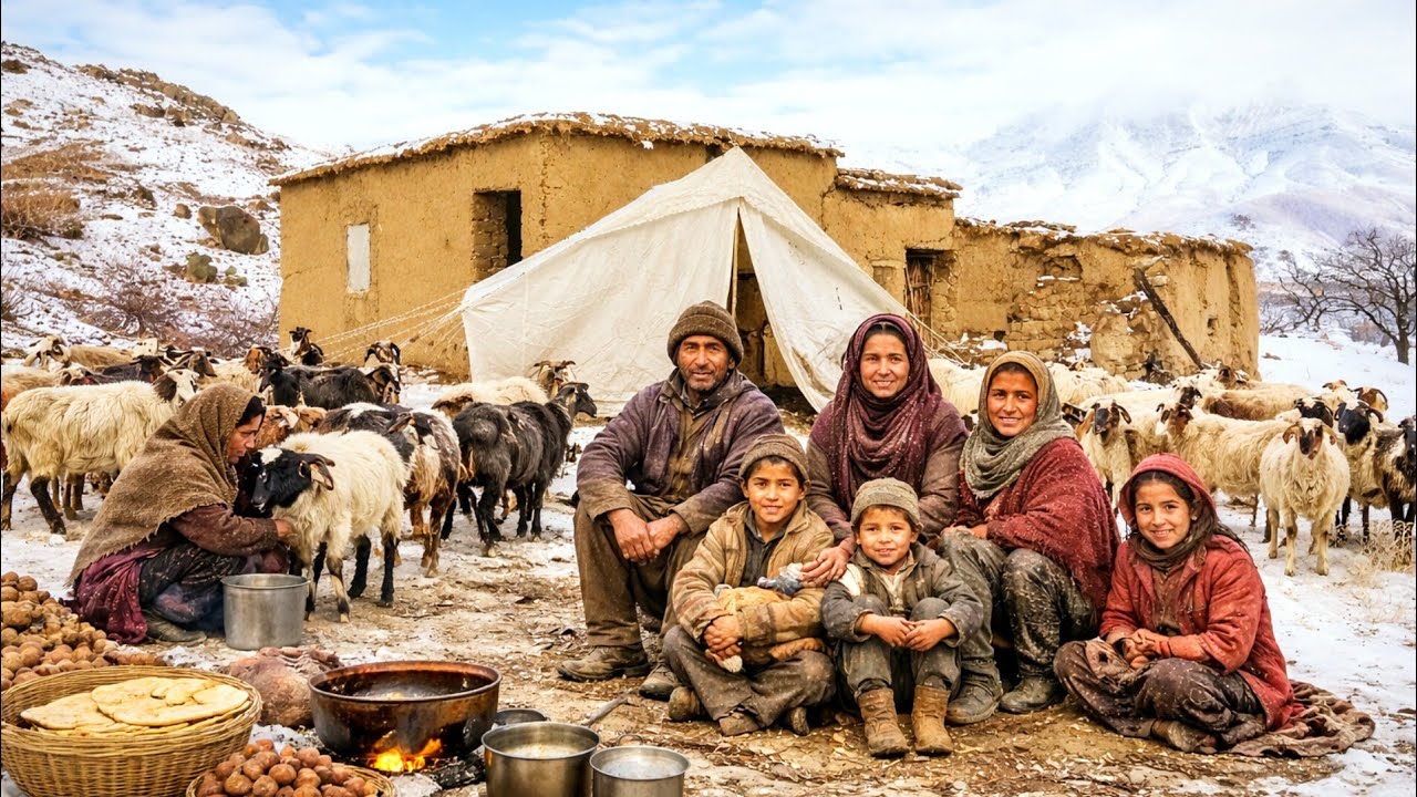 Nomadic life; family living under tents in the cold of winter.