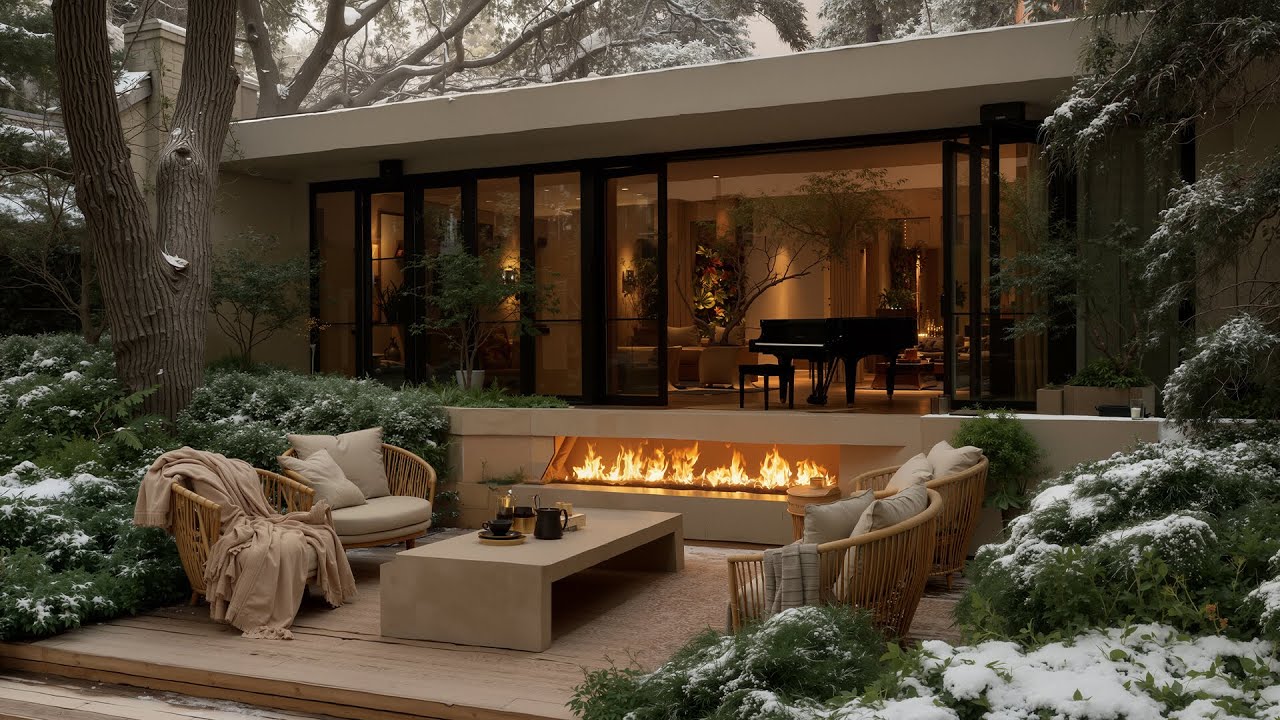 Cozy Fireplace & Luxurious Snowy Garden Ambience | Warm Winter Jazz for Relaxation, Winter Notes
