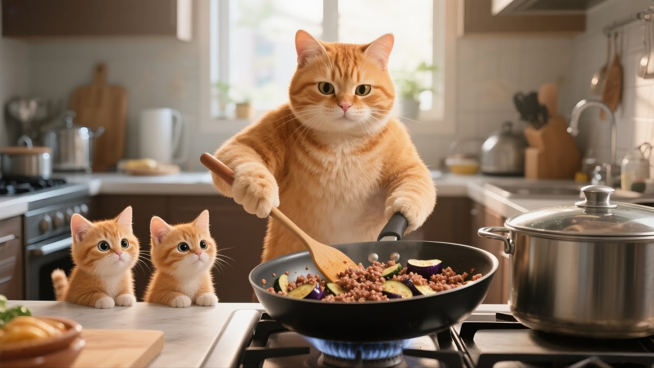 Mama cat took her kitten to pick eggplant and take it home for cooking.#cat #cook