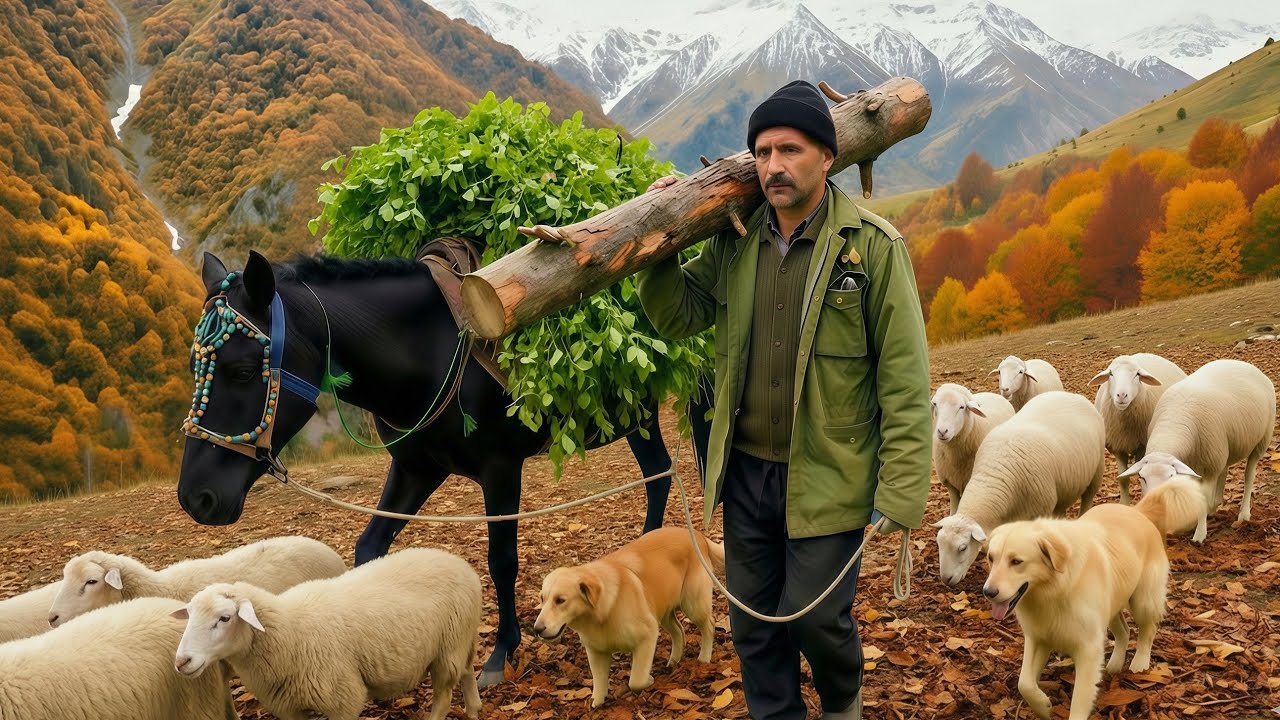 A Hard Day in the Life of a Lonely Village Man Working in the Mountains of Iran