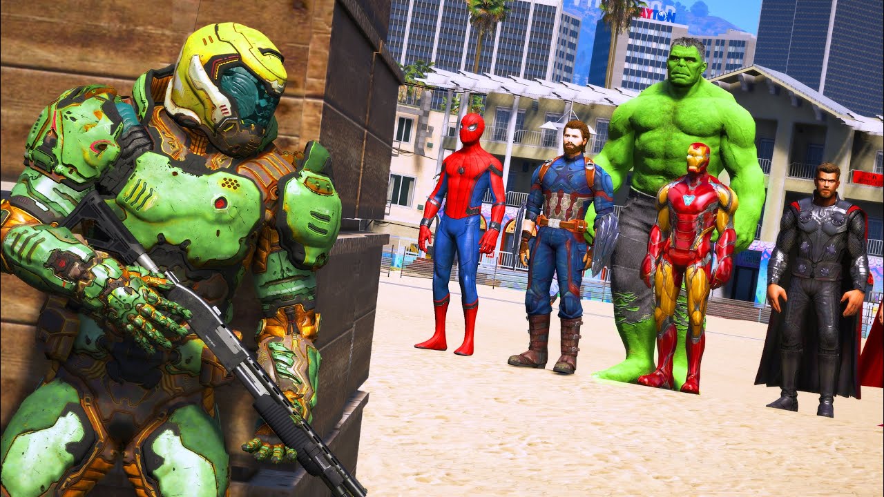 GTA 5 - Beach Battle - The Avengers VS Doomguy - Superheroes VS Devil Hunter